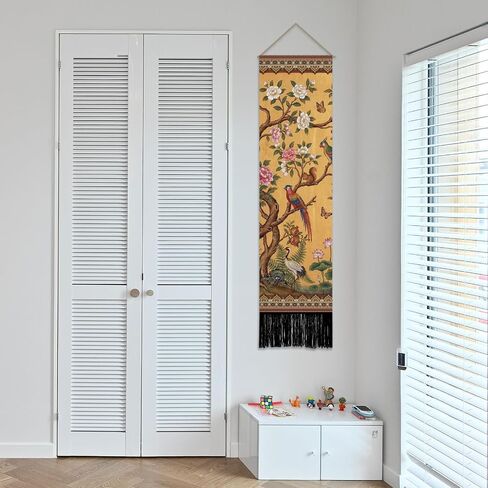 SUPERDANT 2 Pcs Vintage Flowers and Birds Tapestry Vertical Chinese Wall Hanging 51.2x13 Inch/130x33cm Polyester Narrow Wall Art for Bedroom Hallway Living Room Colorful in Kuwait