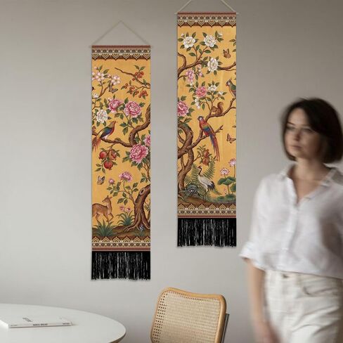 SUPERDANT 2 Pcs Vintage Flowers and Birds Tapestry Vertical Chinese Wall Hanging 51.2x13 Inch/130x33cm Polyester Narrow Wall Art for Bedroom Hallway Living Room Colorful in Kuwait