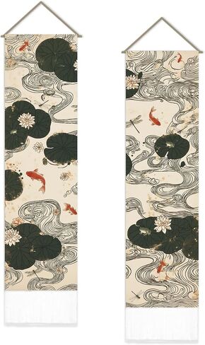 SUPERDANT 2 Pcs Vintage Flowers and Birds Tapestry Vertical Chinese Wall Hanging 51.2x13 Inch/130x33cm Polyester Narrow Wall Art for Bedroom Hallway Living Room Colorful in Kuwait