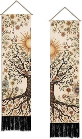 SUPERDANT 2 Pcs Vintage Flowers and Birds Tapestry Vertical Chinese Wall Hanging 51.2x13 Inch/130x33cm Polyester Narrow Wall Art for Bedroom Hallway Living Room Colorful in Kuwait