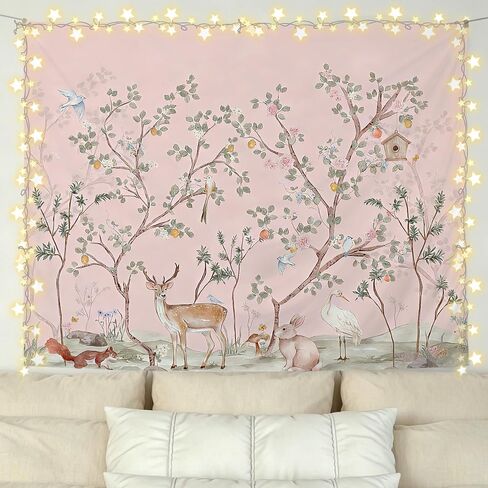 KBRCT Pink Chinoiserie Animal Nursery Tapestry, Girl Nursery Wall Tapestry for Bedroom, Cottagecore Wild Animal Wall Hanging Decor for Kids Girl Nursery Room Bedroom Home, 50x60 Inch in Saudi Arabia