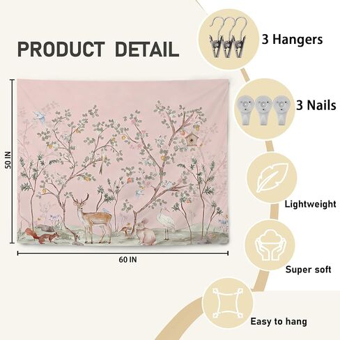 KBRCT Pink Chinoiserie Animal Nursery Tapestry, Girl Nursery Wall Tapestry for Bedroom, Cottagecore Wild Animal Wall Hanging Decor for Kids Girl Nursery Room Bedroom Home, 50x60 Inch in Saudi Arabia