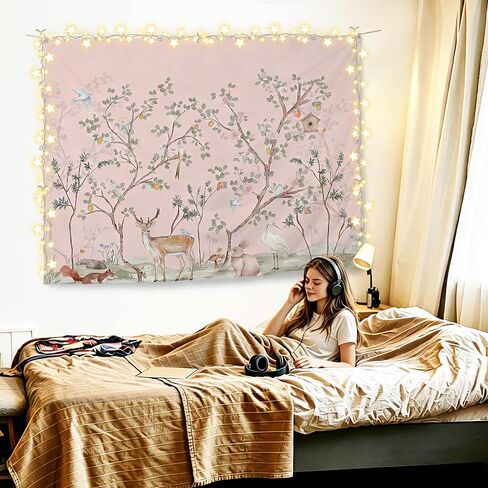 KBRCT Pink Chinoiserie Animal Nursery Tapestry, Girl Nursery Wall Tapestry for Bedroom, Cottagecore Wild Animal Wall Hanging Decor for Kids Girl Nursery Room Bedroom Home, 50x60 Inch in Saudi Arabia