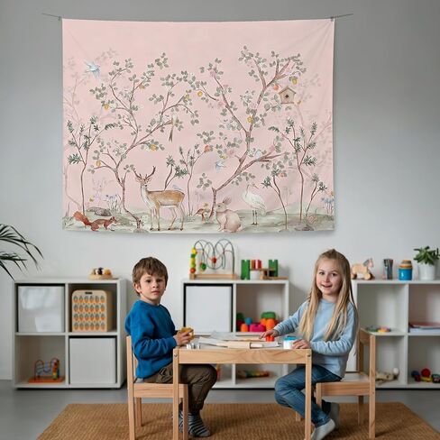 KBRCT Pink Chinoiserie Animal Nursery Tapestry, Girl Nursery Wall Tapestry for Bedroom, Cottagecore Wild Animal Wall Hanging Decor for Kids Girl Nursery Room Bedroom Home, 50x60 Inch in Saudi Arabia