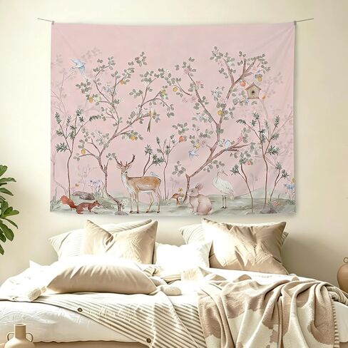 KBRCT Pink Chinoiserie Animal Nursery Tapestry, Girl Nursery Wall Tapestry for Bedroom, Cottagecore Wild Animal Wall Hanging Decor for Kids Girl Nursery Room Bedroom Home, 50x60 Inch in Saudi Arabia
