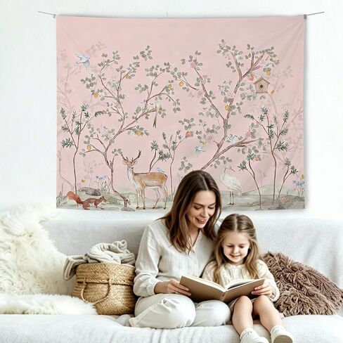 KBRCT Pink Chinoiserie Animal Nursery Tapestry, Girl Nursery Wall Tapestry for Bedroom, Cottagecore Wild Animal Wall Hanging Decor for Kids Girl Nursery Room Bedroom Home, 50x60 Inch in Saudi Arabia