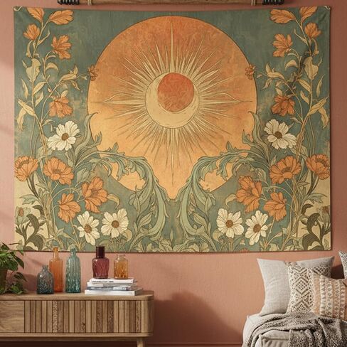 Yeoiat Tapestry Vintage Sun and Wildflowers Tapestries Retro 70s Floral Wall Tapestry Boho Hippie Garden Wall Hanging for Bedroom 90"x70" in Saudi Arabia