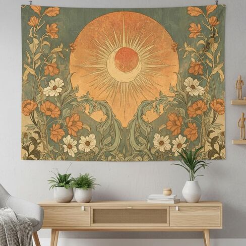 Yeoiat Tapestry Vintage Sun and Wildflowers Tapestries Retro 70s Floral Wall Tapestry Boho Hippie Garden Wall Hanging for Bedroom 90"x70" in Saudi Arabia