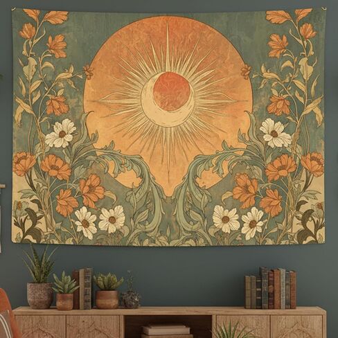 Yeoiat Tapestry Vintage Sun and Wildflowers Tapestries Retro 70s Floral Wall Tapestry Boho Hippie Garden Wall Hanging for Bedroom 90"x70" in Saudi Arabia