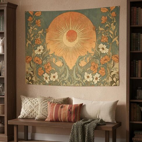 Yeoiat Tapestry Vintage Sun and Wildflowers Tapestries Retro 70s Floral Wall Tapestry Boho Hippie Garden Wall Hanging for Bedroom 90"x70" in Saudi Arabia