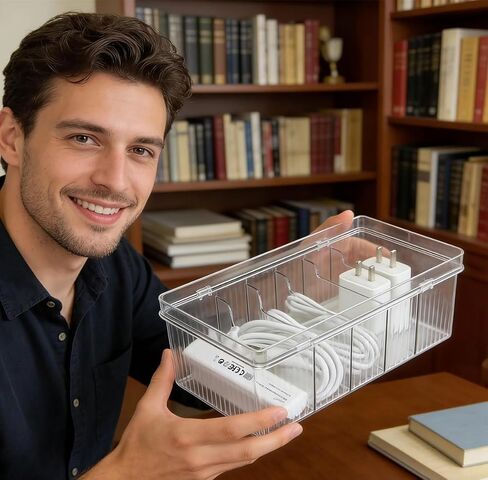 Clear Acrylic Desktop Organizer Box with Lid, Charger Cables, Jewelry, Various Cards Storage Box,Transparent, (L)8.3 x (W)4.8 x (H)3.5 inches, With Cuttable Magic Lashing Straps(about 60inches). in Kuwait
