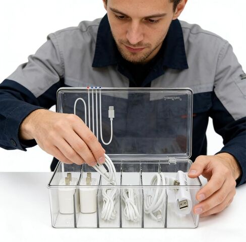 Clear Acrylic Desktop Organizer Box with Lid, Charger Cables, Jewelry, Various Cards Storage Box,Transparent, (L)8.3 x (W)4.8 x (H)3.5 inches, With Cuttable Magic Lashing Straps(about 60inches). in Kuwait