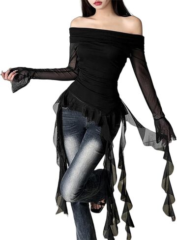 win2win Flowy Off the Shoulder T Shirt for Women - Ruffle Bell Long Sleeve Gothic Punk Tee, Sheer Mesh Top for Club Dance in Saudi Arabia