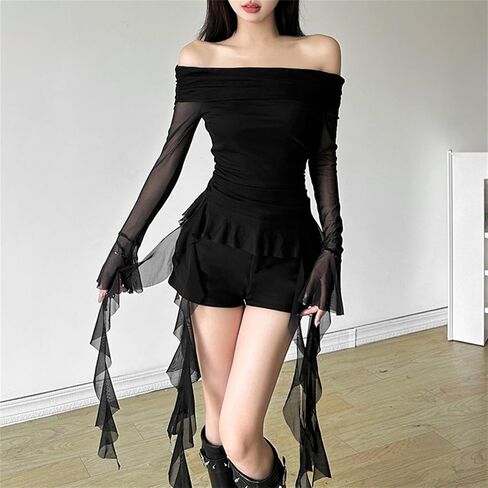 win2win Flowy Off the Shoulder T Shirt for Women - Ruffle Bell Long Sleeve Gothic Punk Tee, Sheer Mesh Top for Club Dance in Saudi Arabia