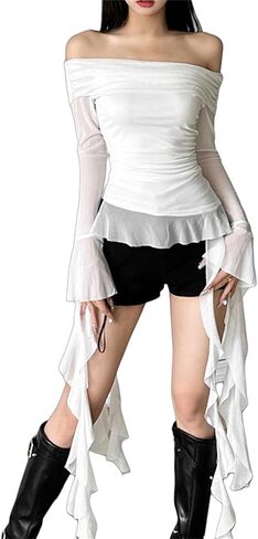 win2win Flowy Off the Shoulder T Shirt for Women - Ruffle Bell Long Sleeve Gothic Punk Tee, Sheer Mesh Top for Club Dance in Saudi Arabia