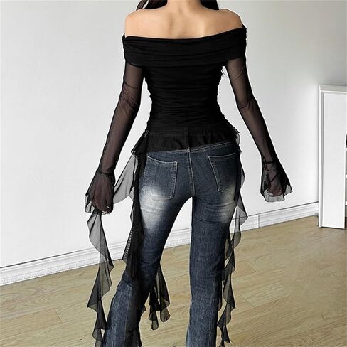 win2win Flowy Off the Shoulder T Shirt for Women - Ruffle Bell Long Sleeve Gothic Punk Tee, Sheer Mesh Top for Club Dance in Saudi Arabia