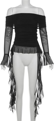 win2win Flowy Off the Shoulder T Shirt for Women - Ruffle Bell Long Sleeve Gothic Punk Tee, Sheer Mesh Top for Club Dance in Saudi Arabia