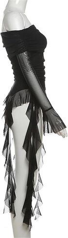 win2win Flowy Off the Shoulder T Shirt for Women - Ruffle Bell Long Sleeve Gothic Punk Tee, Sheer Mesh Top for Club Dance in Saudi Arabia