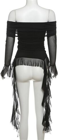 win2win Flowy Off the Shoulder T Shirt for Women - Ruffle Bell Long Sleeve Gothic Punk Tee, Sheer Mesh Top for Club Dance in Saudi Arabia