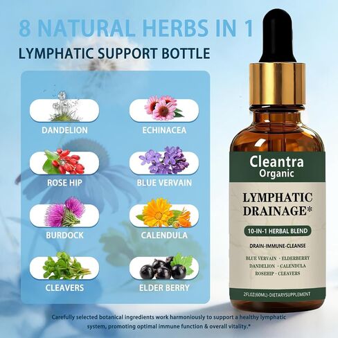 Cleantra Lymphatic Drainage Drops,Organic Lymphatic Drainage Supplement,10-in-1 Herbal Blend Cleanse Complex with Burdock,Dandelion,Elderberry,Fast-Absorbing Formula,2 fl oz (1PCS) in Saudi Arabia