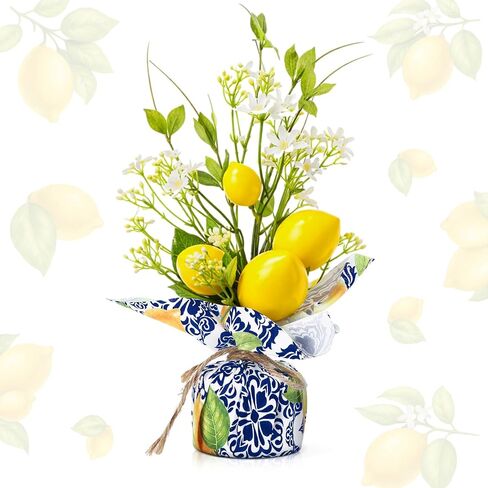 Riceshoot 1 Pcs 13.7'' Blue Tiles Lemon Table Centerpiece Amalfi Coast Party Decorations Artificial Lemons Branches Capri Lemon Centerpiece with Linen Base for Mediterranean Positano Wedding Birthday in Saudi Arabia
