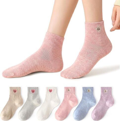 6 Pairs Women Cute Colorful Embroidered Cotton Casual Quarter Socks with Smile Face Valentine Heart Star Pattern in Saudi Arabia