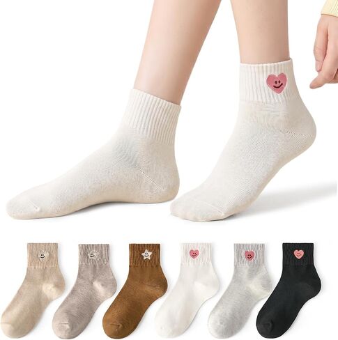 6 Pairs Women Cute Colorful Embroidered Cotton Casual Quarter Socks with Smile Face Valentine Heart Star Pattern in Saudi Arabia