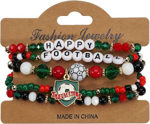 5PCS Soccer Team Spirit Bracelet Set for Women Men, Stackable Elastic Beaded Bracelets with Football Love Charms, Sports Fan Game Day Jewelry Gifts for Friends in Saudi Arabia