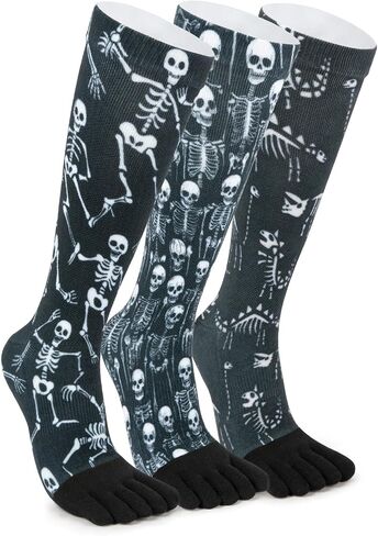 VividPrint 5-Toe Socks (3 Pairs) – Stylish Crew Socks for Women & Men, Breathable & Supportive – One Size,Dark Gray Skeleton in Saudi Arabia