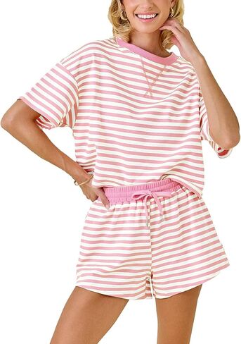 Colorful world Two Piece Sets for Women Striped Shorts Sets Short Sleeve Crew Neck Tops High Waisted Drawstring Shorts in Saudi Arabia