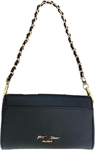 حقيبة كتف Betsey Johnson Full Bloom ثلاثية الأبعاد مرصعة بالزهور من الجلد الصناعي الأسود مرصعة بالزهور وجيب خلفي منزلق قابل للطي فوق رفرف إغلاق من النهار إلى المساء in Kuwait