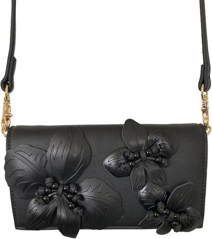 حقيبة كتف Betsey Johnson Full Bloom ثلاثية الأبعاد مرصعة بالزهور من الجلد الصناعي الأسود مرصعة بالزهور وجيب خلفي منزلق قابل للطي فوق رفرف إغلاق من النهار إلى المساء in Kuwait