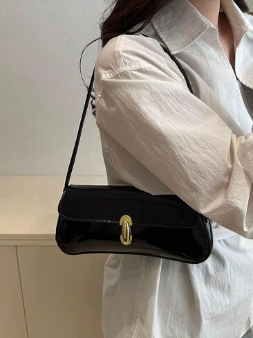 Black Women's Patent Leather Shoulder Bag Underarm Mini Handbag Classic Clutch Bags Purse Handbag in Kuwait