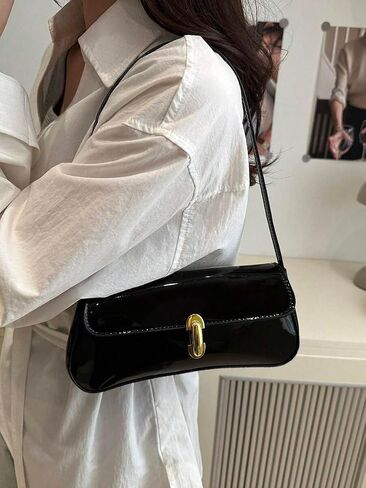Black Women's Patent Leather Shoulder Bag Underarm Mini Handbag Classic Clutch Bags Purse Handbag in Kuwait