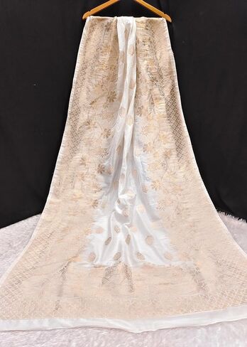 TRENDMALLS Women's Jacquard Silk Floral Design Dupatta (D06-WhiteGolden) in Saudi Arabia