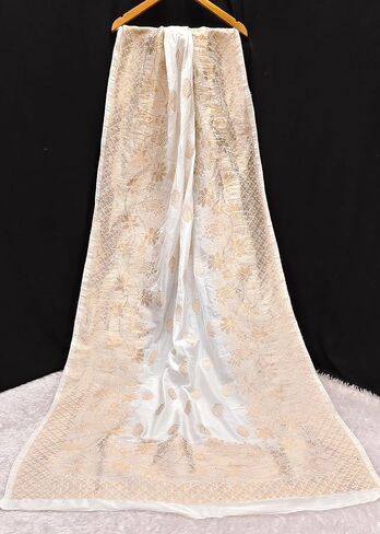TRENDMALLS Women's Jacquard Silk Floral Design Dupatta (D06-WhiteGolden) in Saudi Arabia