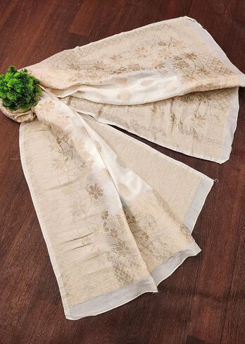 TRENDMALLS Women's Jacquard Silk Floral Design Dupatta (D06-WhiteGolden) in Saudi Arabia