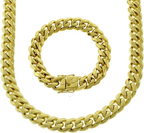 الصلبة 14K الذهب الأصفر الانتهاء من الفولاذ المقاوم للصدأ الثقيلة 14mm سميكة ميامي الكوبي ربط سلسلة مربع قفل قفل قلادة 18-30 بوصة سوار 8-10 بوصة in Kuwait