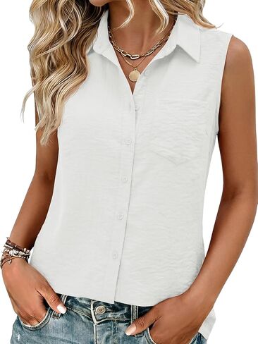 Womens Sleeveless V Neck Dressy Casual Button Down Shirts for Women Business Office Formal Work Blouses Tops in Saudi Arabia