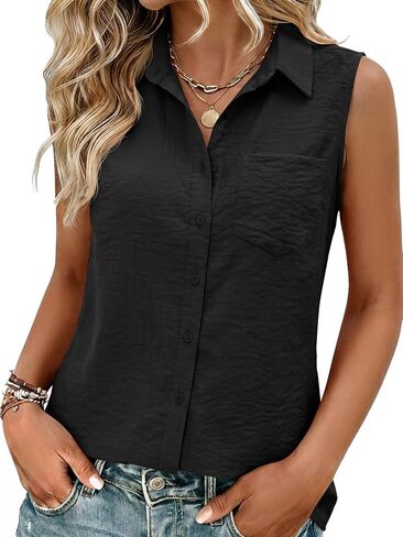 Womens Sleeveless V Neck Dressy Casual Button Down Shirts for Women Business Office Formal Work Blouses Tops in Saudi Arabia