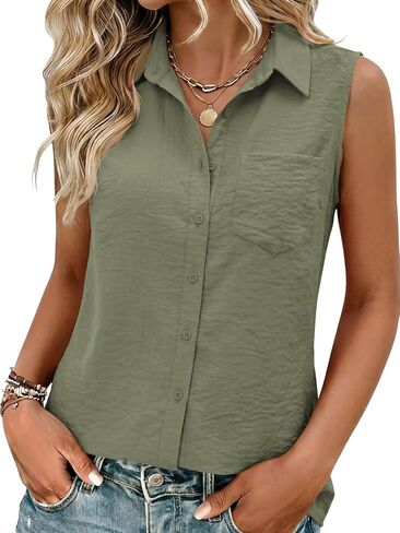 Womens Sleeveless V Neck Dressy Casual Button Down Shirts for Women Business Office Formal Work Blouses Tops in Saudi Arabia