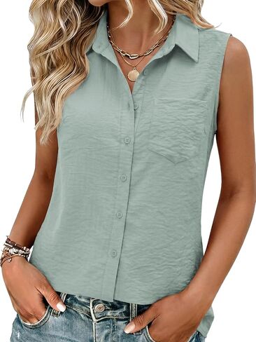 Womens Sleeveless V Neck Dressy Casual Button Down Shirts for Women Business Office Formal Work Blouses Tops in Saudi Arabia
