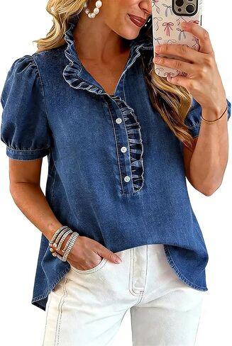 Womens Denim Shirt Puff Sleeve Button Down Ruffle Shirt Y2k Jean Top | Denim Peplum Puff Sleeve Tops,Y2k Jean Lightweight Top,Casual Summer And Fall Loose Fit Tunic Blouse,Size S-2XL in Kuwait