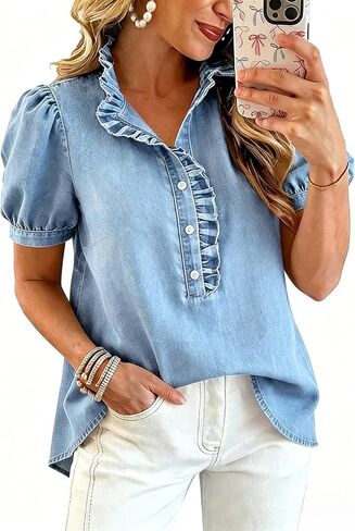 Womens Denim Shirt Puff Sleeve Button Down Ruffle Shirt Y2k Jean Top | Denim Peplum Puff Sleeve Tops,Y2k Jean Lightweight Top,Casual Summer And Fall Loose Fit Tunic Blouse,Size S-2XL in Saudi Arabia