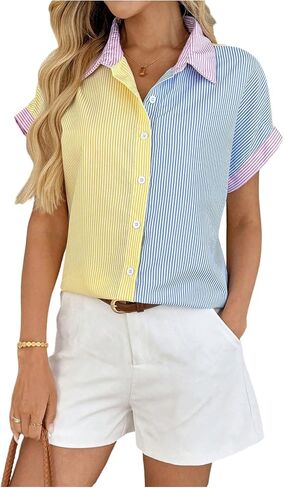 WDIRARA Women's Button Down Striped Blouse Color Block Short Sleeve Shirt Tops in Kuwait
