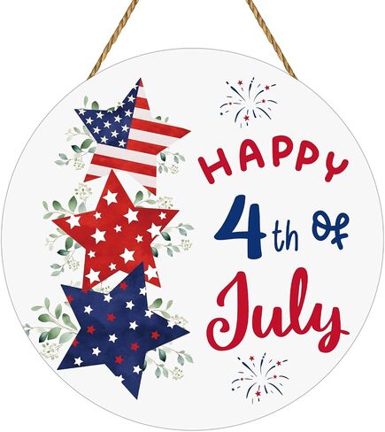 4th of July Decorations Patriotic Decorations Pentagram Patriotic Wreath Hanging Sign Wooden Happy 4th of July Wreaths for Front Door Decorations for Memorial Day Fourth of July Wall Indoor Home Decor in Kuwait