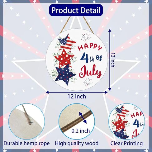 4th of July Decorations Patriotic Decorations Pentagram Patriotic Wreath Hanging Sign Wooden Happy 4th of July Wreaths for Front Door Decorations for Memorial Day Fourth of July Wall Indoor Home Decor in Kuwait