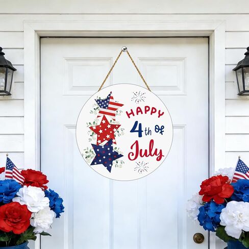 4th of July Decorations Patriotic Decorations Pentagram Patriotic Wreath Hanging Sign Wooden Happy 4th of July Wreaths for Front Door Decorations for Memorial Day Fourth of July Wall Indoor Home Decor in Kuwait