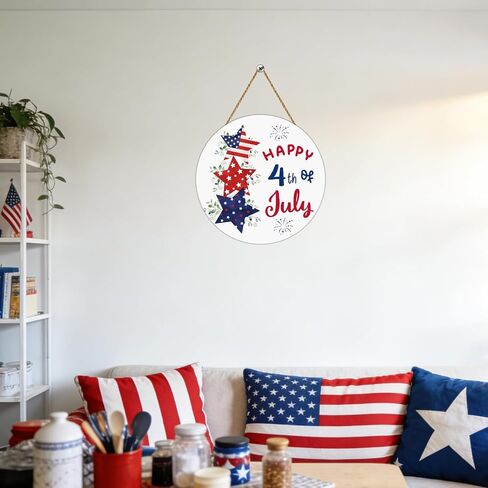 4th of July Decorations Patriotic Decorations Pentagram Patriotic Wreath Hanging Sign Wooden Happy 4th of July Wreaths for Front Door Decorations for Memorial Day Fourth of July Wall Indoor Home Decor in Kuwait