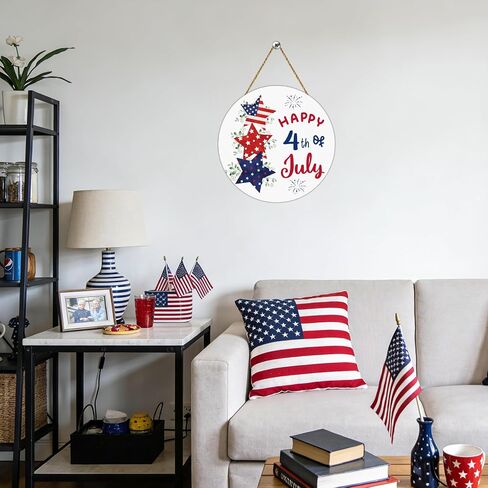 4th of July Decorations Patriotic Decorations Pentagram Patriotic Wreath Hanging Sign Wooden Happy 4th of July Wreaths for Front Door Decorations for Memorial Day Fourth of July Wall Indoor Home Decor in Kuwait